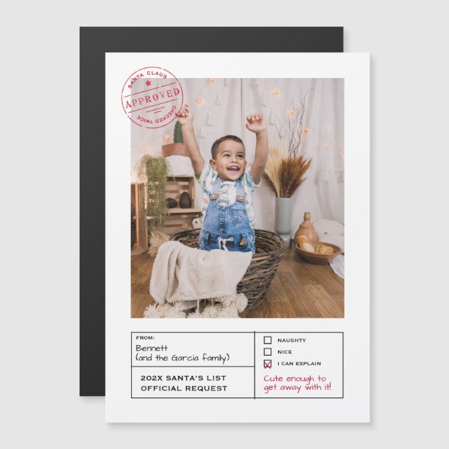 Santa Approved Naughty oder Nice Form Foto Magneteinladung (Vorne/Hinten)