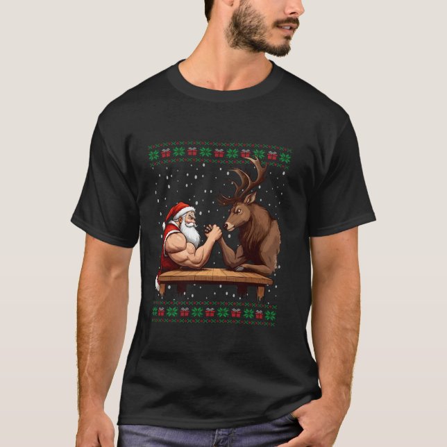 Santa Arm Wrestling Reindeer Ugly Christmas Sweate T-Shirt (Vorderseite)