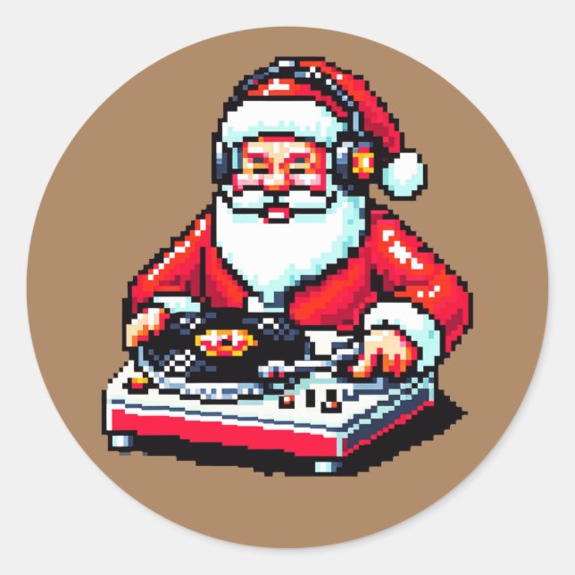 Santa as DJ: 8-Bit Weihnachtsjubeln Runder Aufkleber (Vorderseite)
