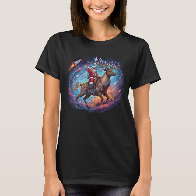 Santa Astronaut Riding Flying Reindeer Space Chris T-Shirt (Vorderseite)