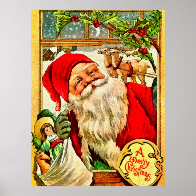 Santa at Window mit Tasche Spielzeug Poster (Vorne)