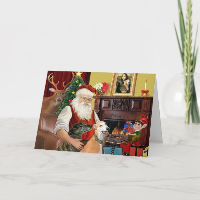 Santa at Zuhause Greyhounds (zwei) Feiertagskarte (Vorderseite)