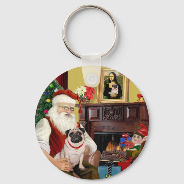 Santa at Zuhause - Mops #5 Schlüsselanhänger (Vorderseite)