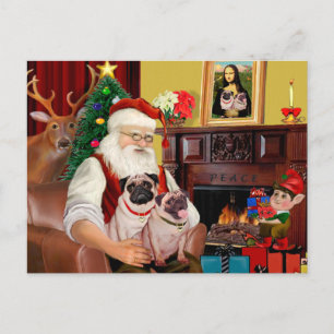 Santa at Zuhause - Mops (zwei) Feiertagspostkarte