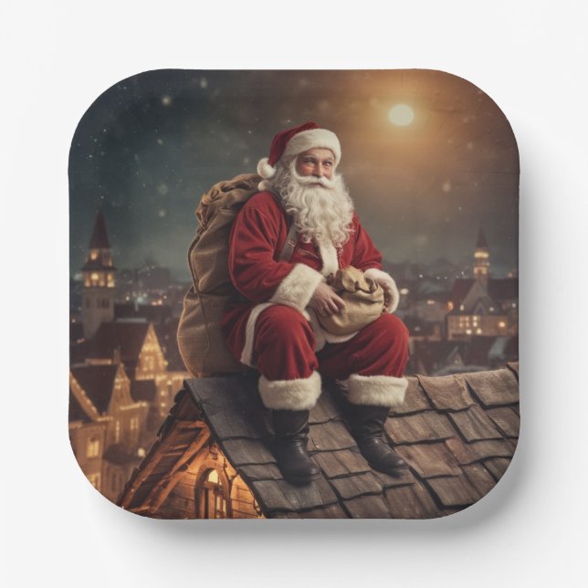 Santa auf dem Dach Pappteller (Vorderseite)