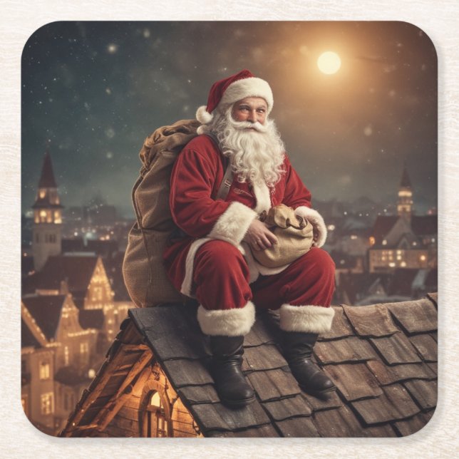 Santa auf dem Dach Rechteckiger Pappuntersetzer (Vorderseite)