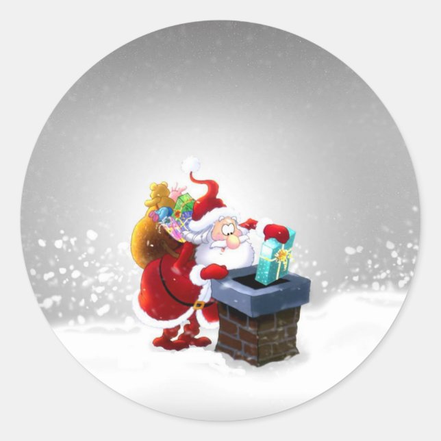 Santa auf dem Dach Runder Aufkleber (Vorderseite)