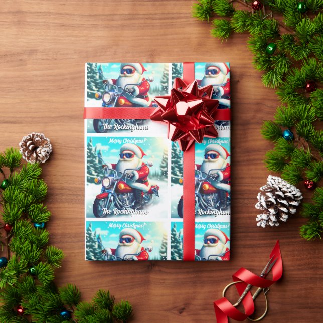 Santa auf einem Motorrad im Schnee Geschenkpapier (Feiertagsgeschenk)