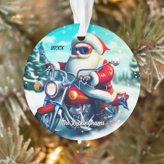 Santa auf einem Motorrad im Schnee Ornament (Baum)