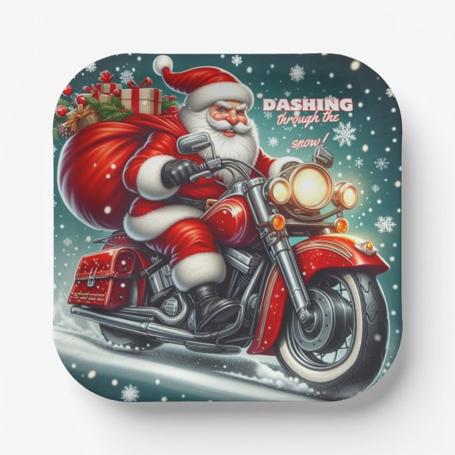 Santa auf einem Motorrad Pappteller (Vorderseite)