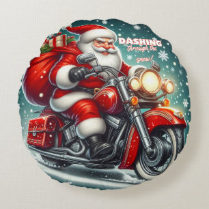 Santa auf einem Motorrad Rundes Kissen