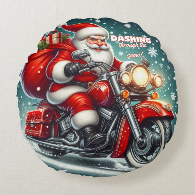 Santa auf einem Motorrad Rundes Kissen (Vorderseite)