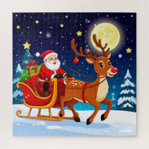 Santa auf einem Schlitten mit Rentieren unter dem  Puzzle