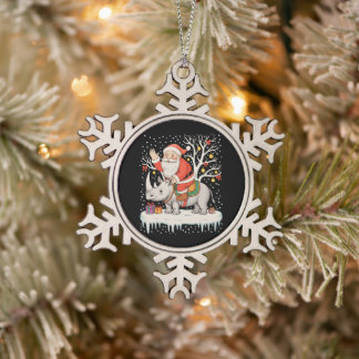 Santa auf Nashorn Schnee Weihnachtsbeleuchtung Xma Schneeflocken Zinn-Ornament