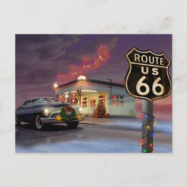 Santa auf Route 66 Feiertagspostkarte (Vorderseite)