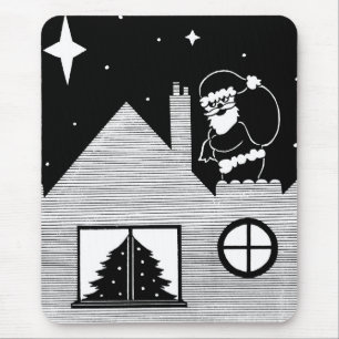 Santa auf schneebedecktem Dach Schwarz-weiß Weihna Mousepad