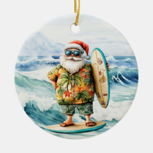 Santa auf Surfboard vor Meereskulisse Keramik Ornament
