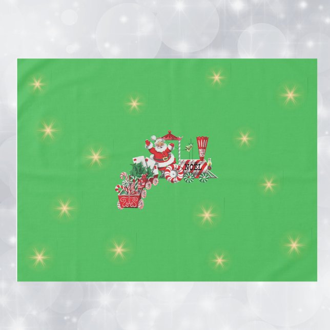 Santa auf Weihnachten Zug Candy Canes Sterne Grün Tischdecke (Santa riding Christmas train letters, candy canes, gold twinkle stars on green holiday tablecloth.)