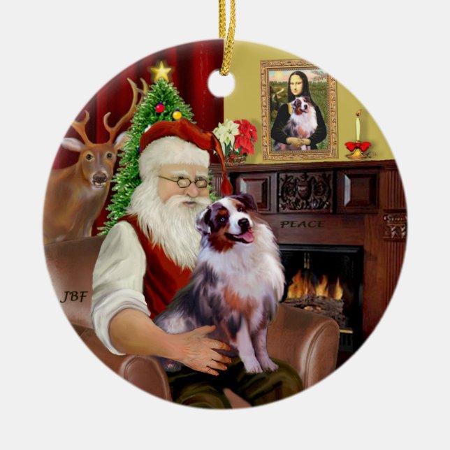 Santa - Aussie Shepherd 1 Keramik Ornament (Vorne)