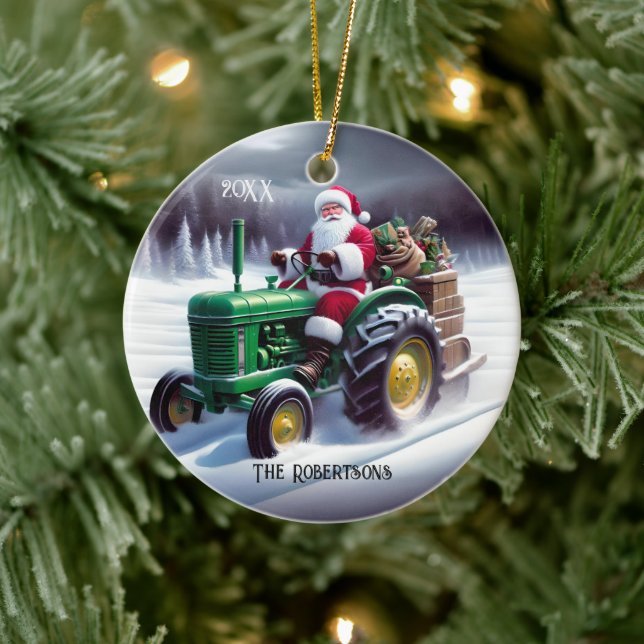 Santa Autofahren eines grünen Traktors Keramik Ornament (Baum)
