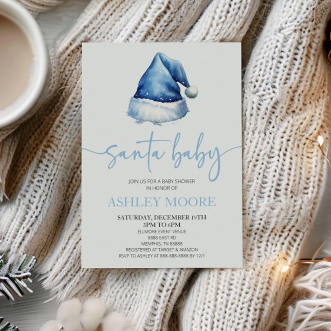 Santa Baby Blue Hat Weihnachtsferien Baby Dusche Einladung (Von Creator hochgeladen)
