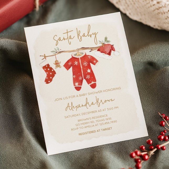 Santa Baby Christmas Baby Dusche Einladung (Santa Baby Clothesline Christmas Baby Shower Invitation)