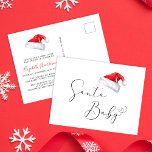 Santa Baby Christmas Baby Dusche Postkarte<br><div class="desc">Eine niedliche Weihnachtssaison Baby-Dusche Postcard Einladung mit "Santa Baby" in einem eleganten Drehbuch mit Herzschlag,  eine Aquarellbilderin eines roten Weihnachtshutes und eine Einladung zu einer kleinen Babydusche. Personalisieren Sie den Namen der Mutter in einem stilvollen roten Drehbuch und die Duschdetails in einfachen modernen Typografie.</div>