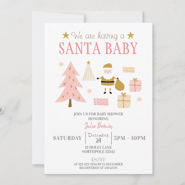 Santa Baby, Christmas Baby Girl Shower Einladung (Vorderseite)