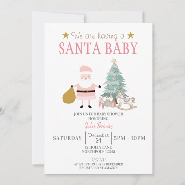 Santa Baby, Christmas Baby Girl Shower Einladung (Vorderseite)