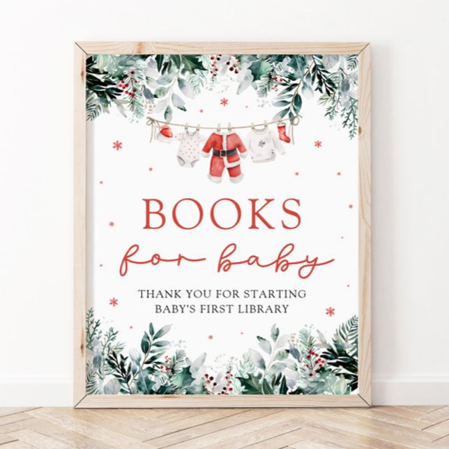Santa Baby Christmas Baby Shooting Books for Baby Poster (Watercolor Red Santa Gender Neutral Books for Baby Baby Shower Sign)
