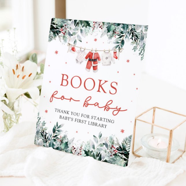Santa Baby Christmas Baby Shooting Books for Baby Sockelschild (Watercolor Red Santa Gender Neutral Books for Baby Baby Shower Sign)
