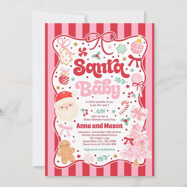 Santa Baby Christmas Coquette Bow Baby Shower Einladung (Vorderseite)