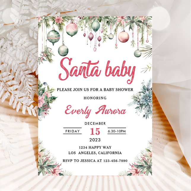 Santa Baby Christmas Floral Baby Dusche Einladung (Von Creator hochgeladen)