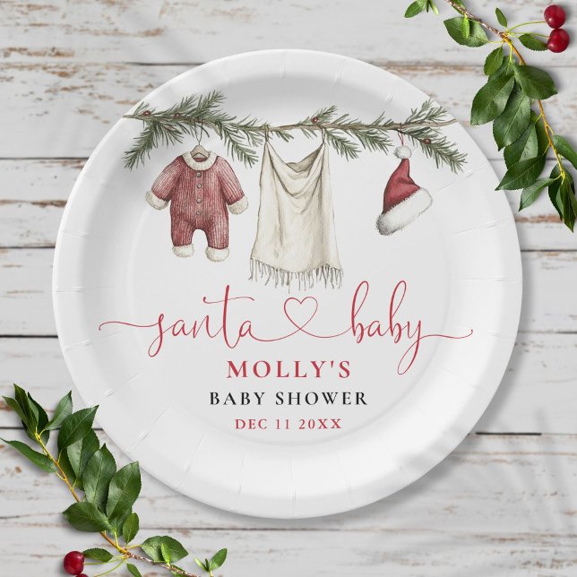 Santa Baby Clothesline Winter Baby Dusche Pappteller (Santa Baby Clothesline Winter Baby Shower Paper Plates)