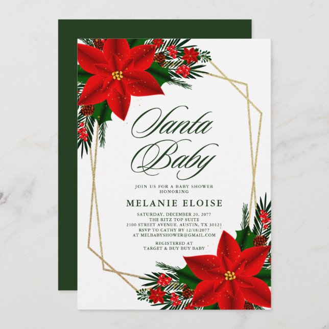 Santa Baby Dusche Poinsettia Grün Weihnachten Einladung (Vorne/Hinten)