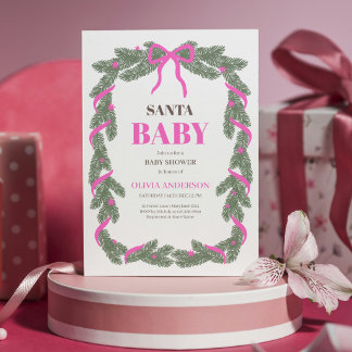 Santa Baby Elegant Pink Schleife Baby Shower Einladung
