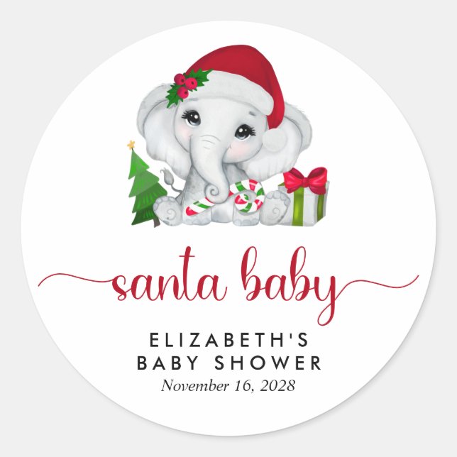 Santa Baby Elephant Christmas Baby Girl Shower Runder Aufkleber (Vorderseite)