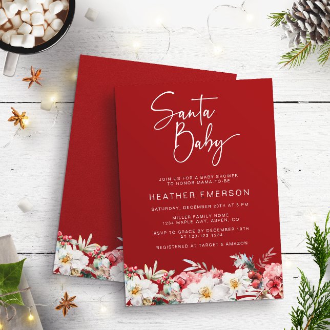 Santa Baby Holiday Baby Dusche Einladung (Red Santa Baby Watercolor Rustic Boho Botanical Floral Baby Shower Invitation by Painted Paperie)