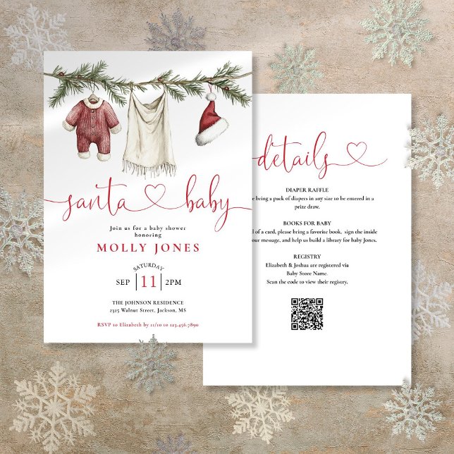 Santa Baby Kleidung alles in einer Babydusche Einladung (Santa Baby Clothesline All In One Baby Shower Invitation)