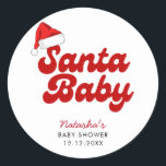 Santa Baby Merry Little Christmas Baby Dusche Runder Aufkleber<br><div class="desc">Das Design umfasst eine Babydusche mit dem Motto "Santa Baby" und einer niedlichen Weihnachtsmannmütze,  die sich perfekt für eine Babydusche eignet. Wenn Sie Hilfe bei der Anpassung des Produkts benötigen oder passende Produkte benötigen,  kontaktieren Sie mich bitte über Zazzle.</div>