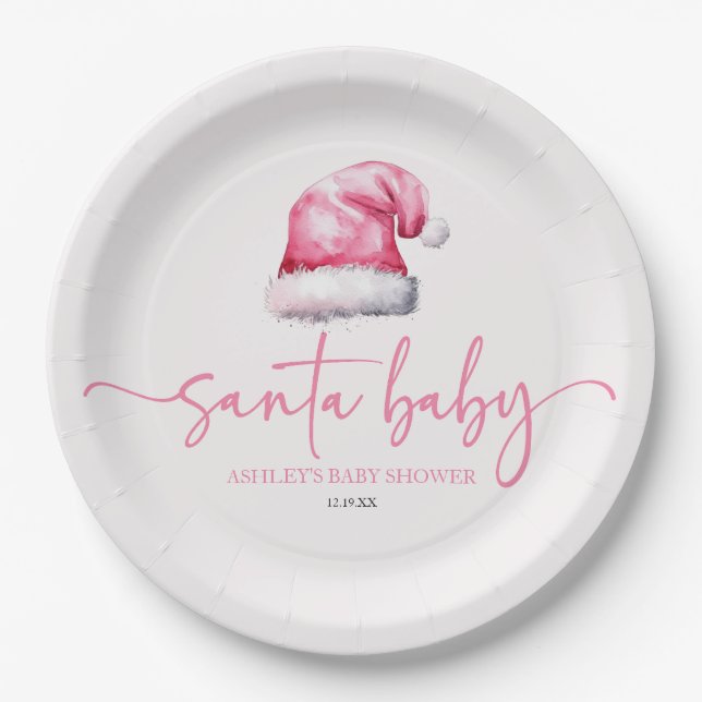 Santa Baby Pink Hat Weihnachtsferien Kinderdusche Pappteller (Vorderseite)