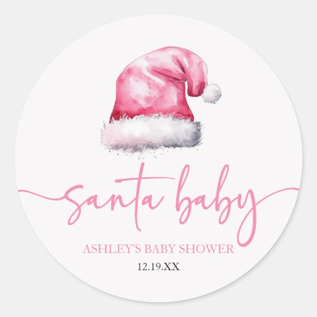 Santa Baby Pink Hat Weihnachtsferien Kinderdusche Runder Aufkleber (Vorderseite)