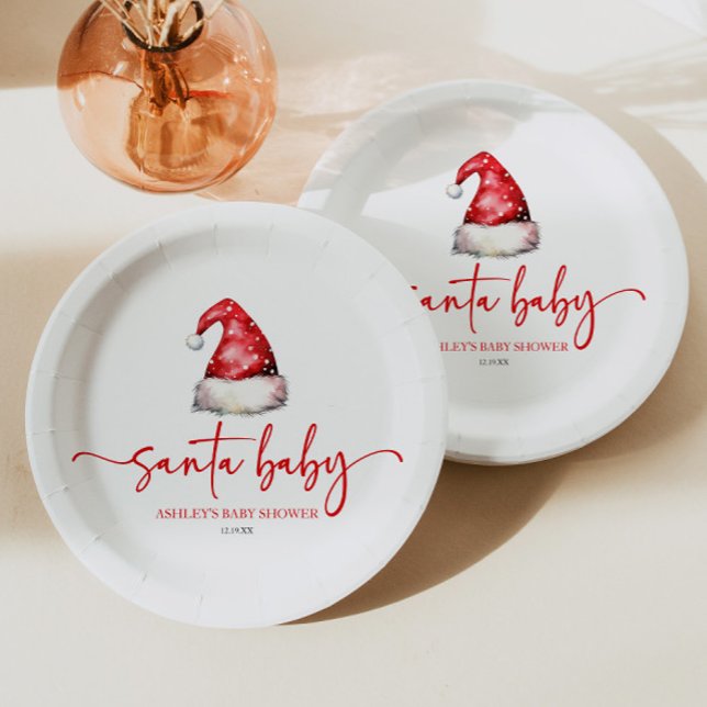 Santa Baby Red Hat Christmas Holiday Baby Shower Pappteller (Von Creator hochgeladen)