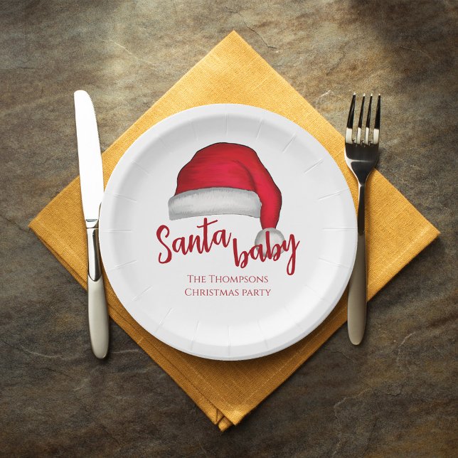 Santa Baby Red Simple Traditionelle Weihnachten Pappteller (Christmas holiday custom paper plate with Santa Baby typography. )