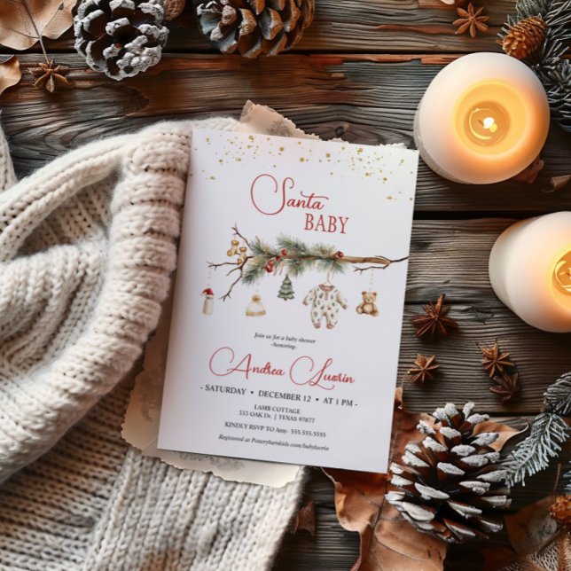 Santa Baby Rustic Winter Greenery Babydusche Einladung (Von Creator hochgeladen)