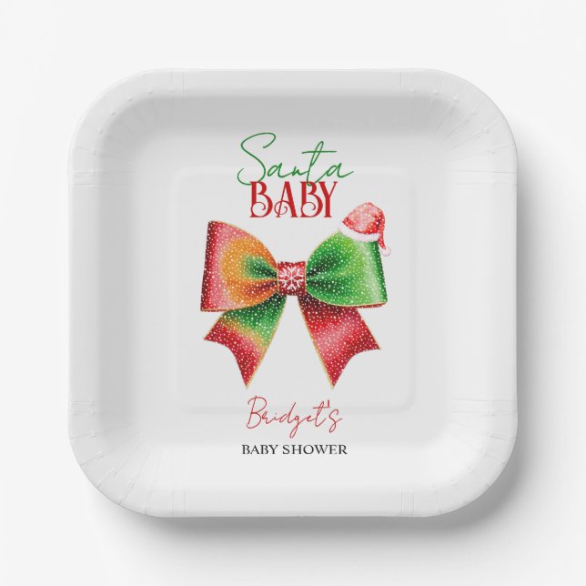 Santa Baby shower bow and Santa hat Christmas Pappteller (Vorderseite)