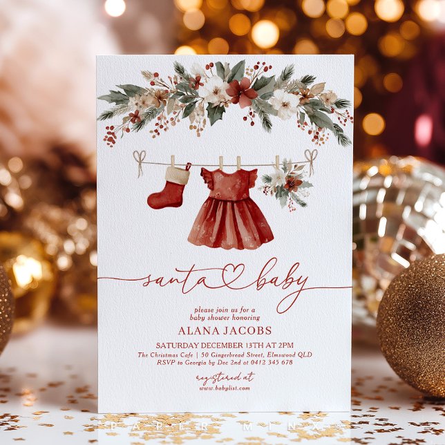 Santa Baby Shower Girl Christmas Red Dress Einladung (Santa Baby! Cute red and white Christmas Baby Shower Invitation for baby girl. )