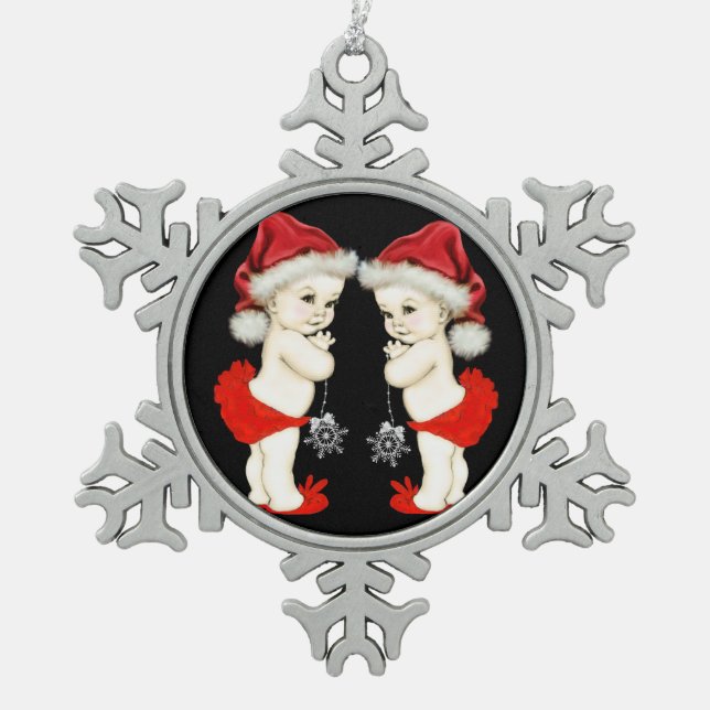 Santa Baby Twin Baby Girl Weihnachten Schneeflocken Zinn-Ornament (Vorderseite)