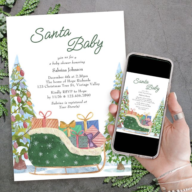 Santa Baby Vintag Sleigh Baby Dusche Einladung (Santa Baby Christmas Baby Shower Invitation with christmas tree and green velvet sleigh)