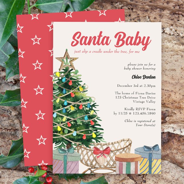 Santa Baby Vintage Weihnachtsdusche Einladung (Santa Baby baby shower invitation for the holiday season with crib under the christmas tree)